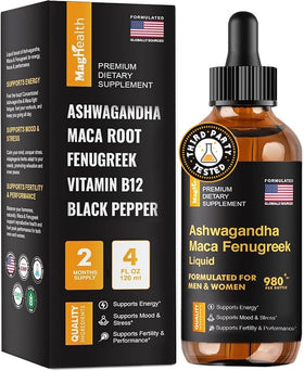 Flacon de gouttes liquides de Maca MagHealth avec étiquette claire