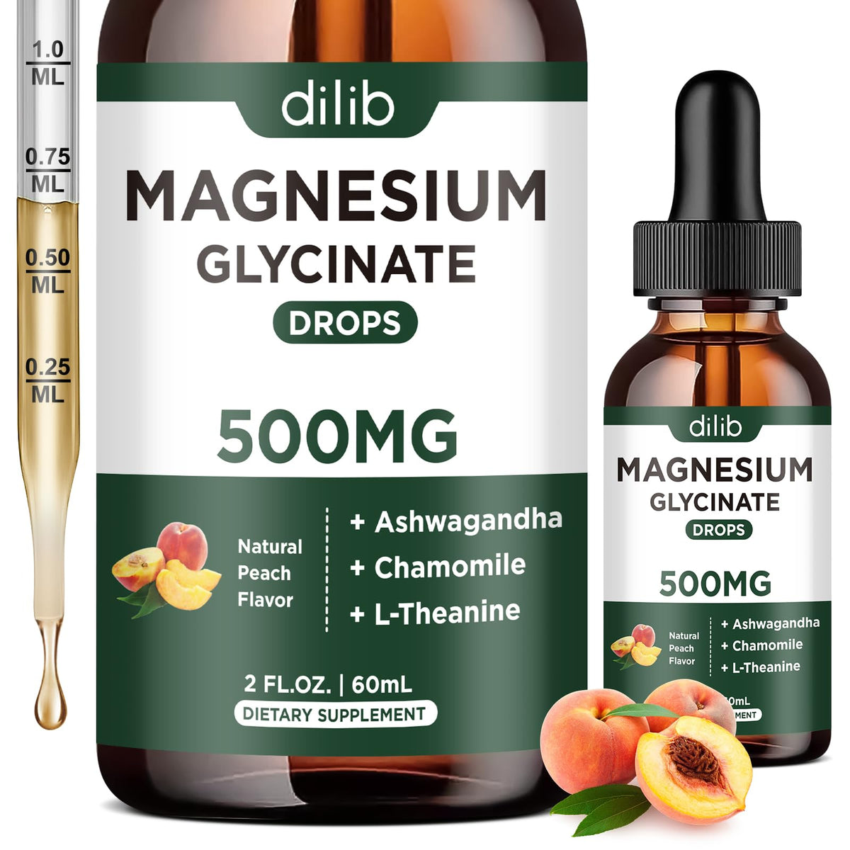 Flacon de gouttes liquides de magnésium glycinate dilib avec étiquette visible