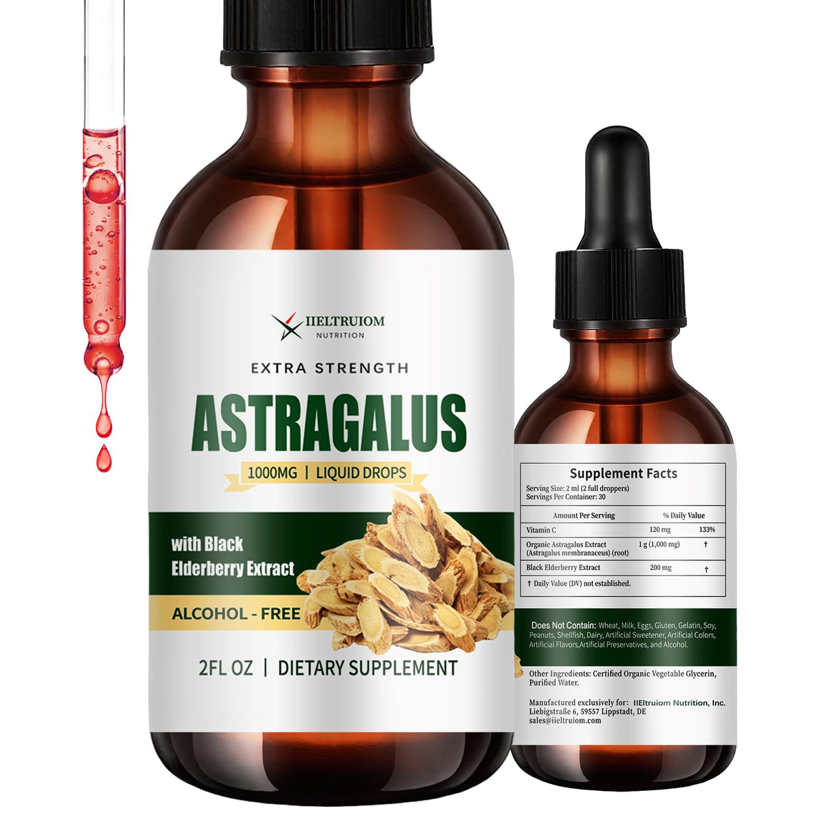 Flacon de gouttes liquides de racine d'astragale 1000mg avec étiquette