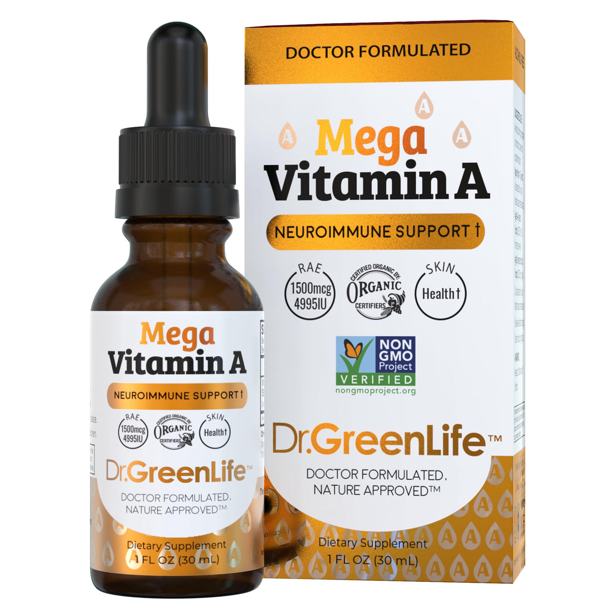 Flacon de gouttes liquides de vitamine A Dr. Green Mom 1500 mcg RAE