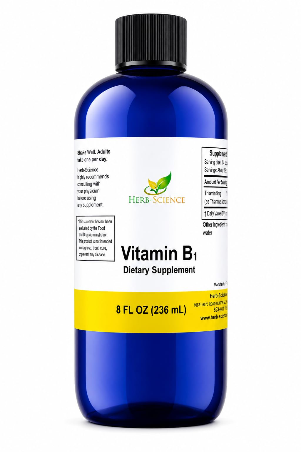 Flacon de gouttes liquides de Vitamine B1 d'Herb-Science, 8 fl oz, vue de face