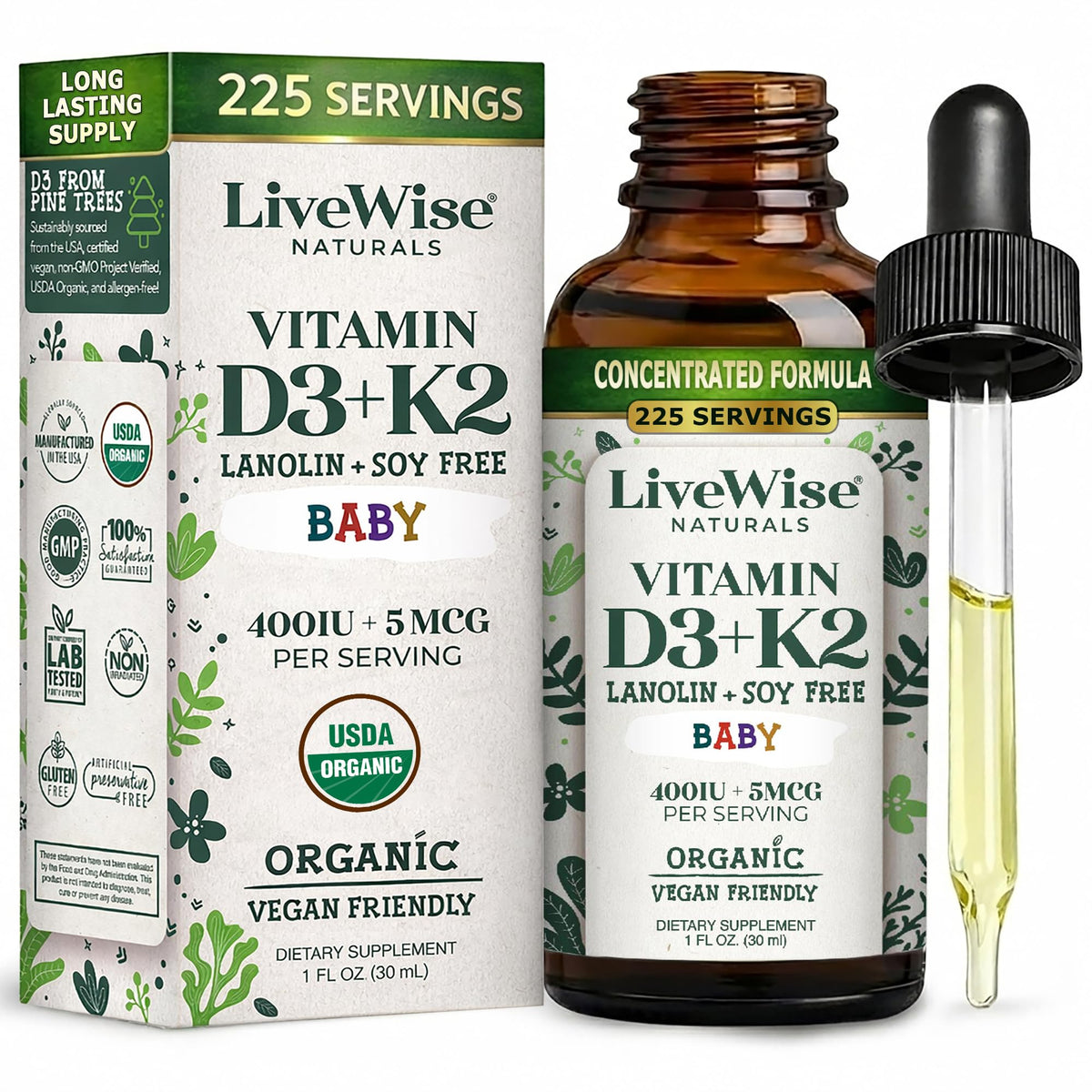Flacon de gouttes liquides de Vitamine D3 K2 Live Wise Naturals, vue avant