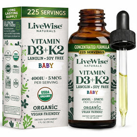 Flacon de gouttes liquides de Vitamine D3 K2 Live Wise Naturals, vue avant