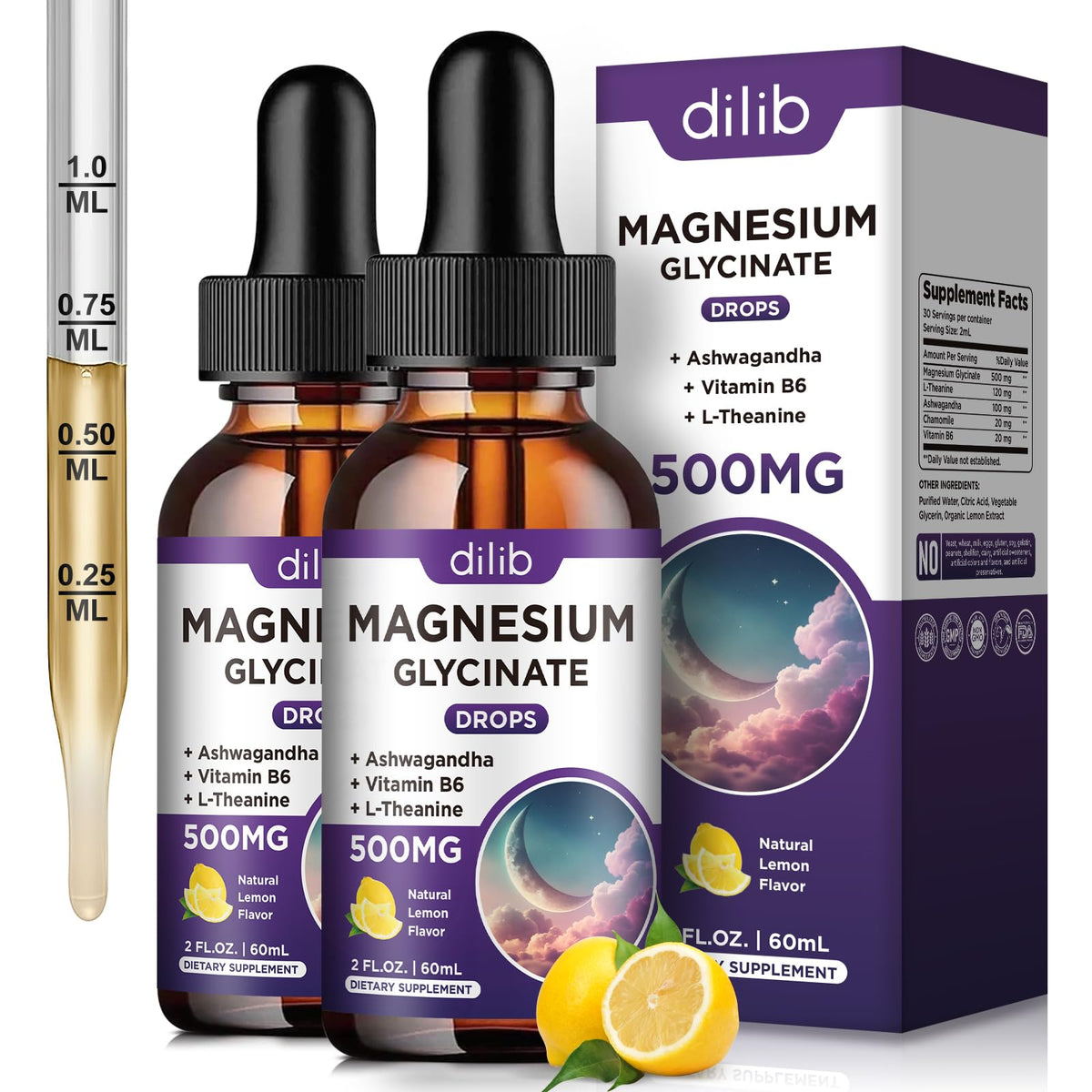 Flacon de gouttes liquides dilib Magnésium Glycinate 500mg avec étiquette