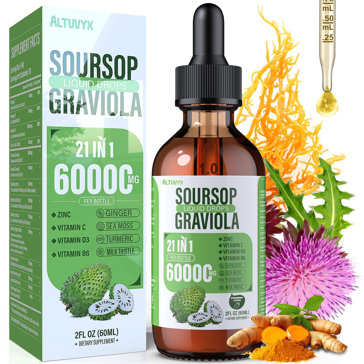 Flacon de gouttes liquides Graviola Altuvyx 2000mg, vue de face