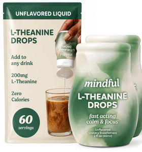 Flacon de gouttes liquides L-Theanine 200mg de Mindful Drops, vue de face