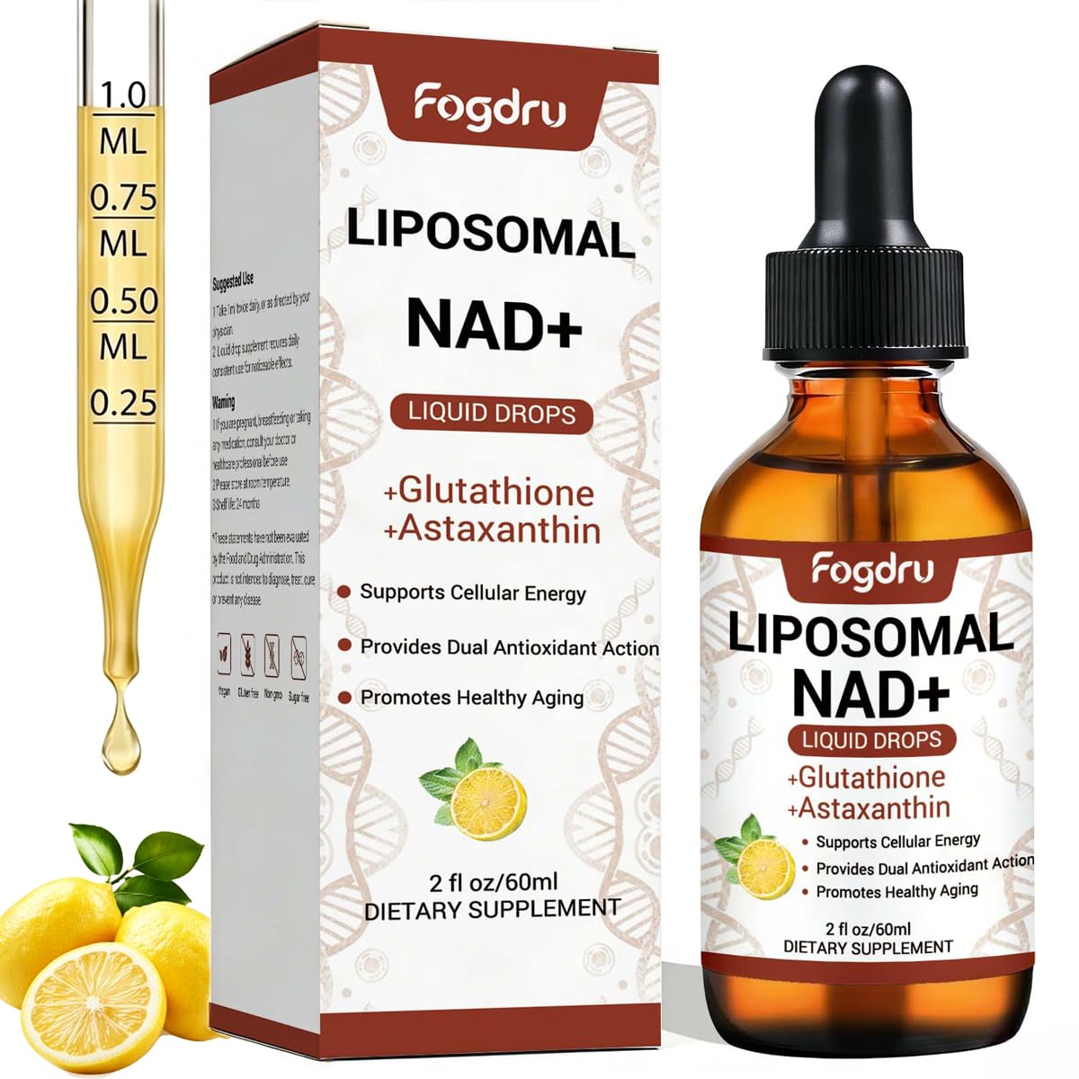 Flacon de gouttes liquides liposomales NAD+ Fogdru de 60ml avec étiquette