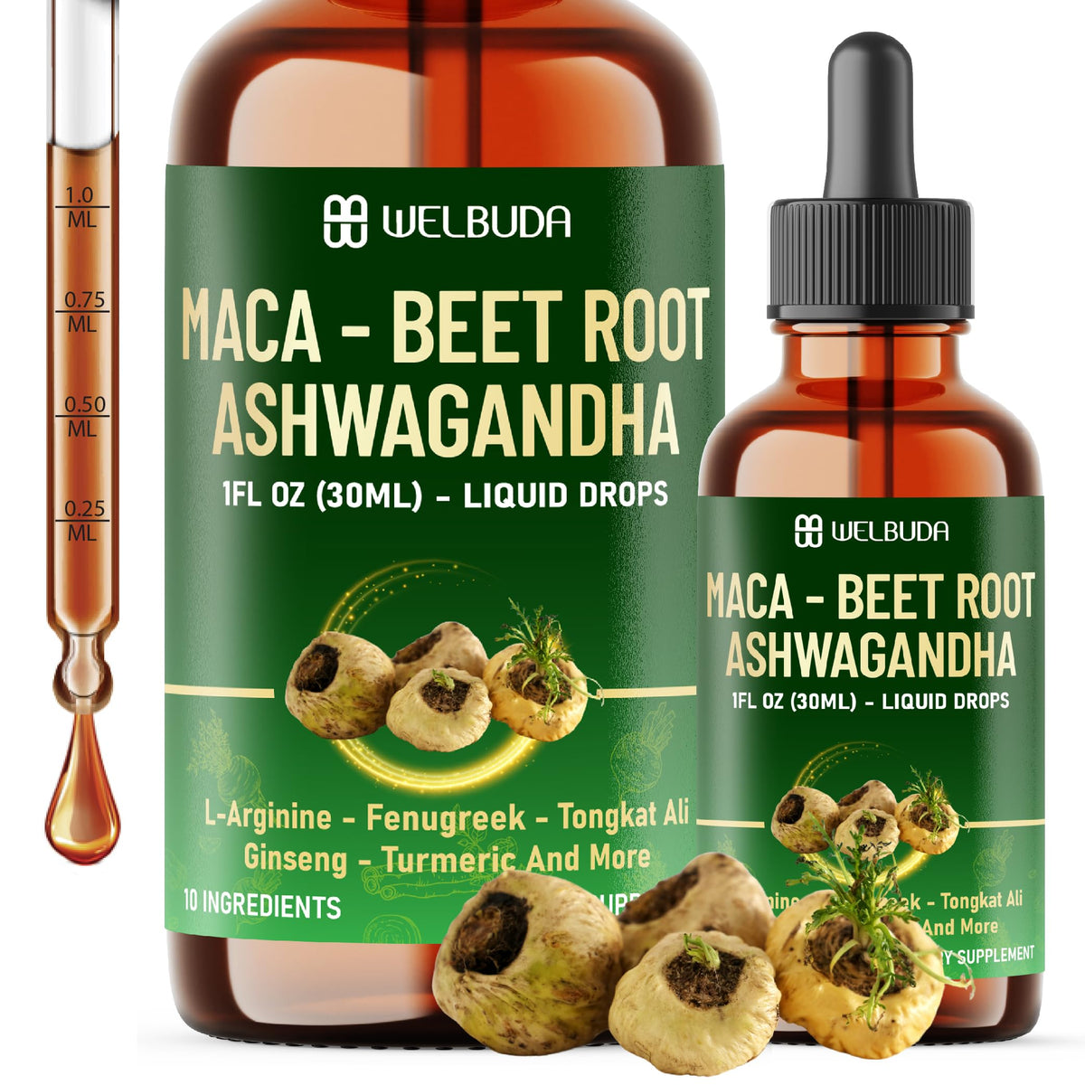 Flacon de gouttes liquides Maca 10 en 1 WELBUDA vue avant