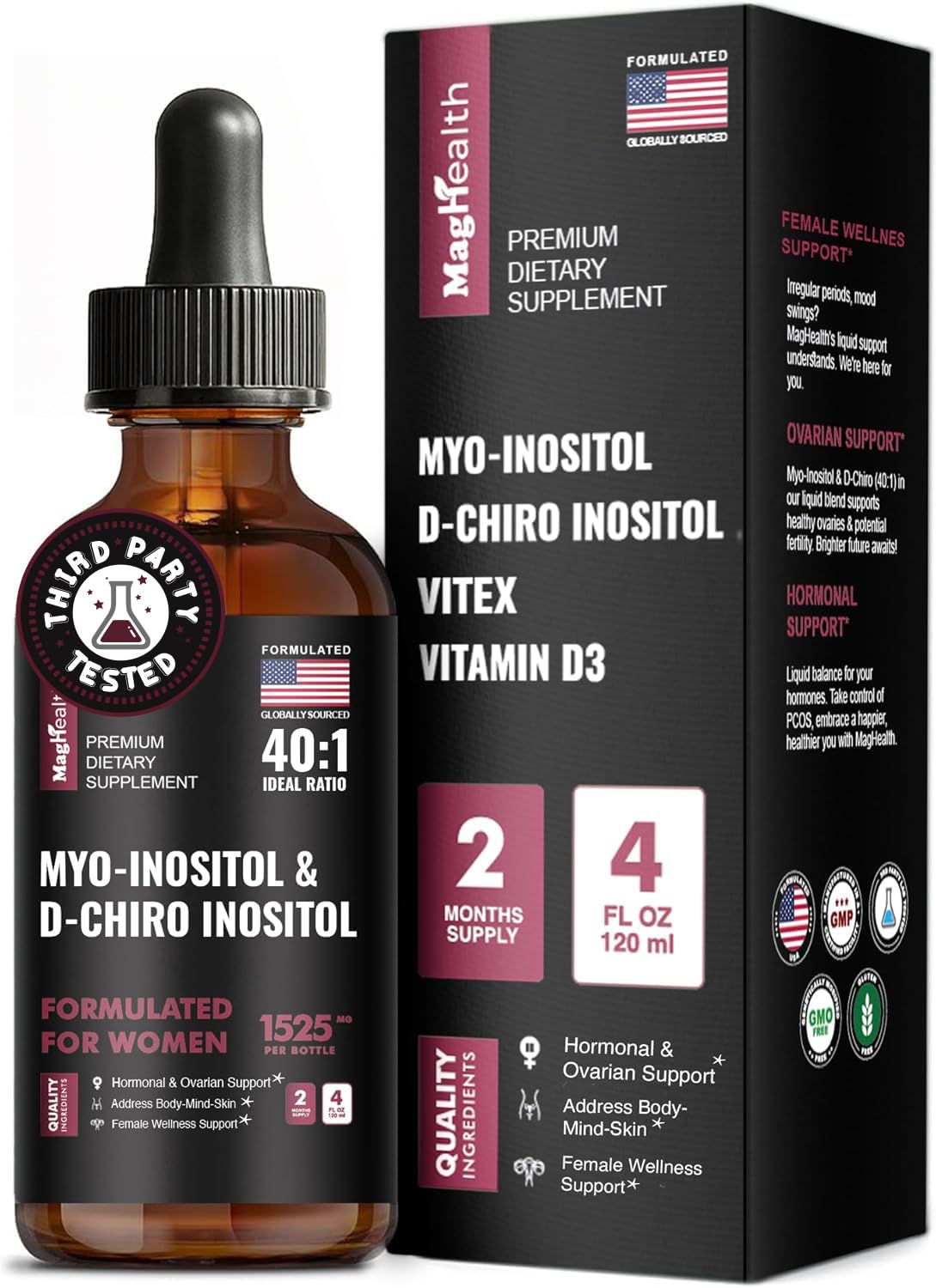 Flacon de gouttes liquides MagHealth Myo-Inositol et D-Chiro Inositol 40:1