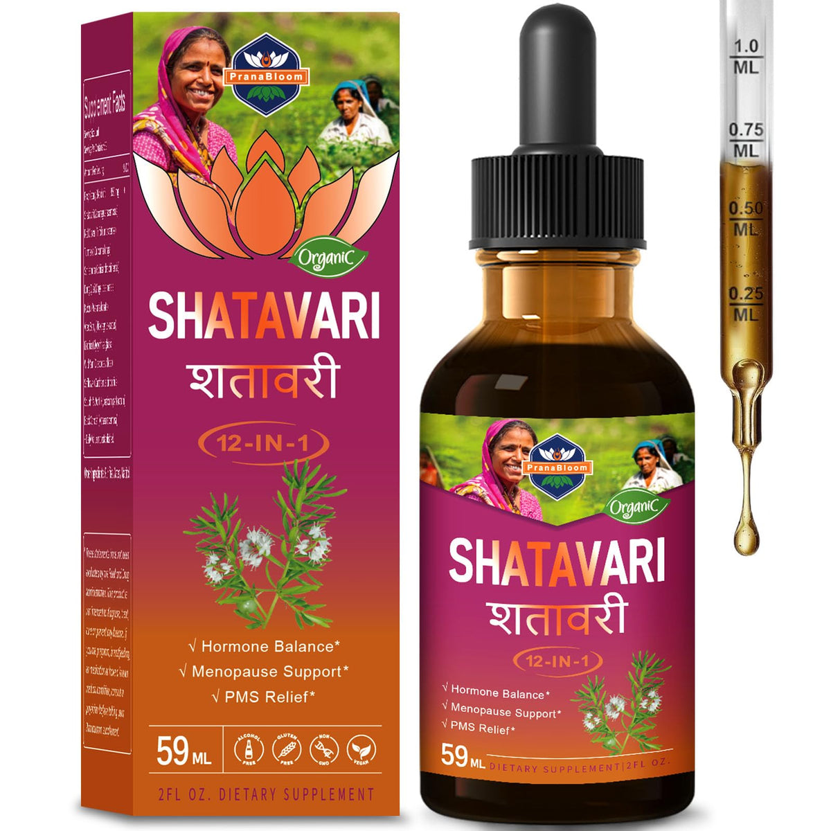Flacon de gouttes liquides PranaBloom Shatavari 60ml vue avant