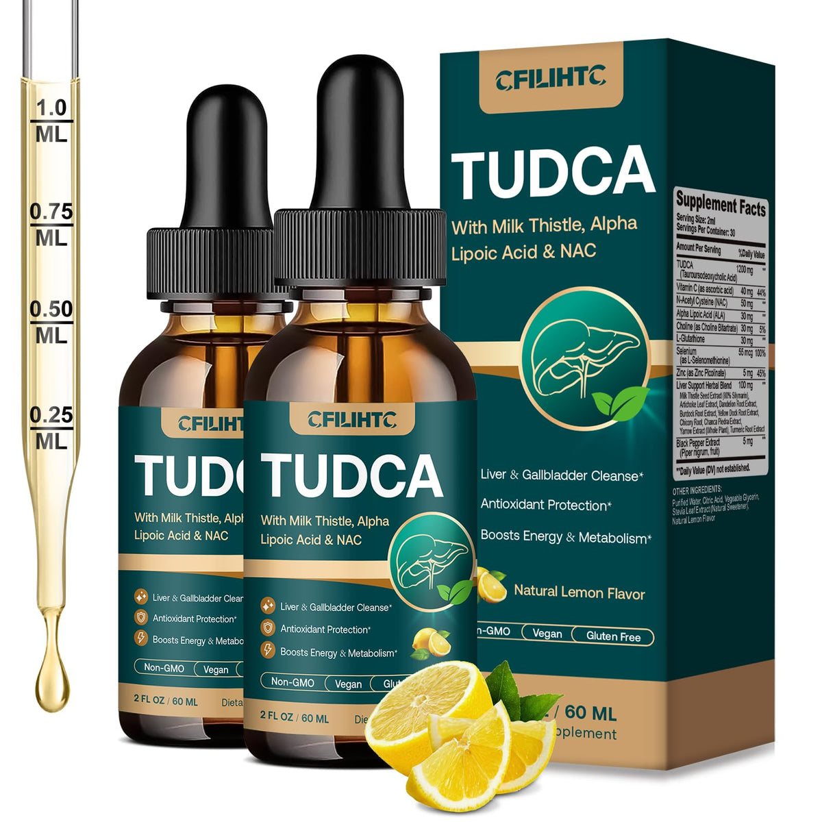 Flacon de gouttes liquides TUDCA 1200mg CFILIHTC vue de face