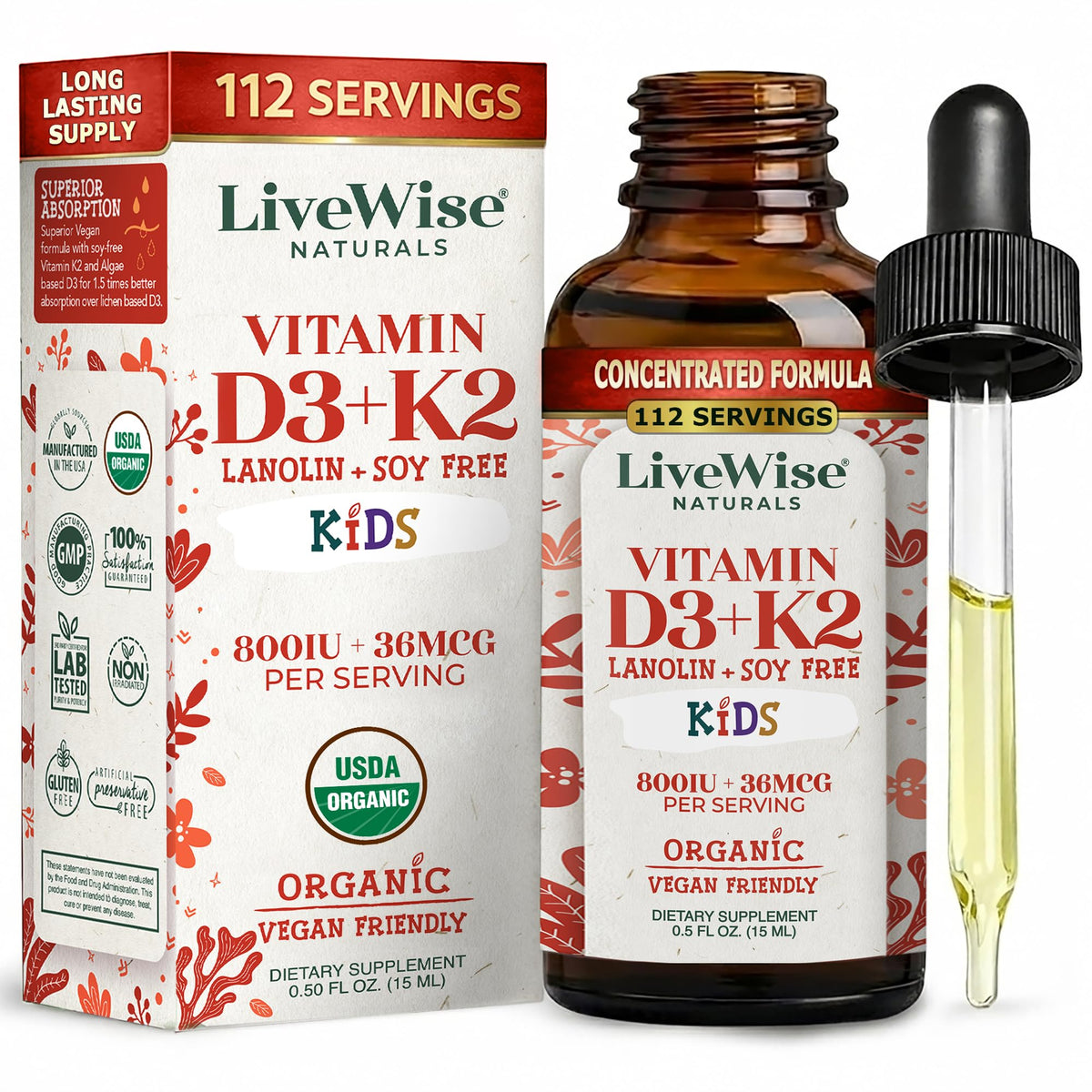 Flacon de gouttes liquides Vitamine D3 K2 pour enfants, 112 servings