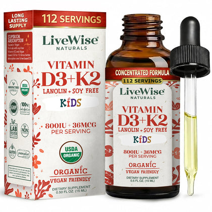 Flacon de gouttes liquides Vitamine D3 K2 pour enfants, 112 servings