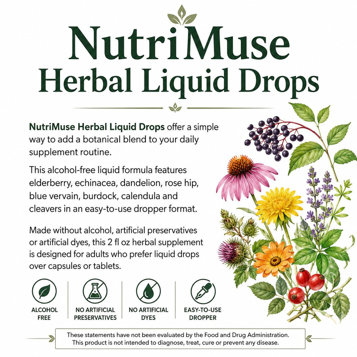 Flacon de Gouttes NutriMuse avec étiquette et dosage recommandé