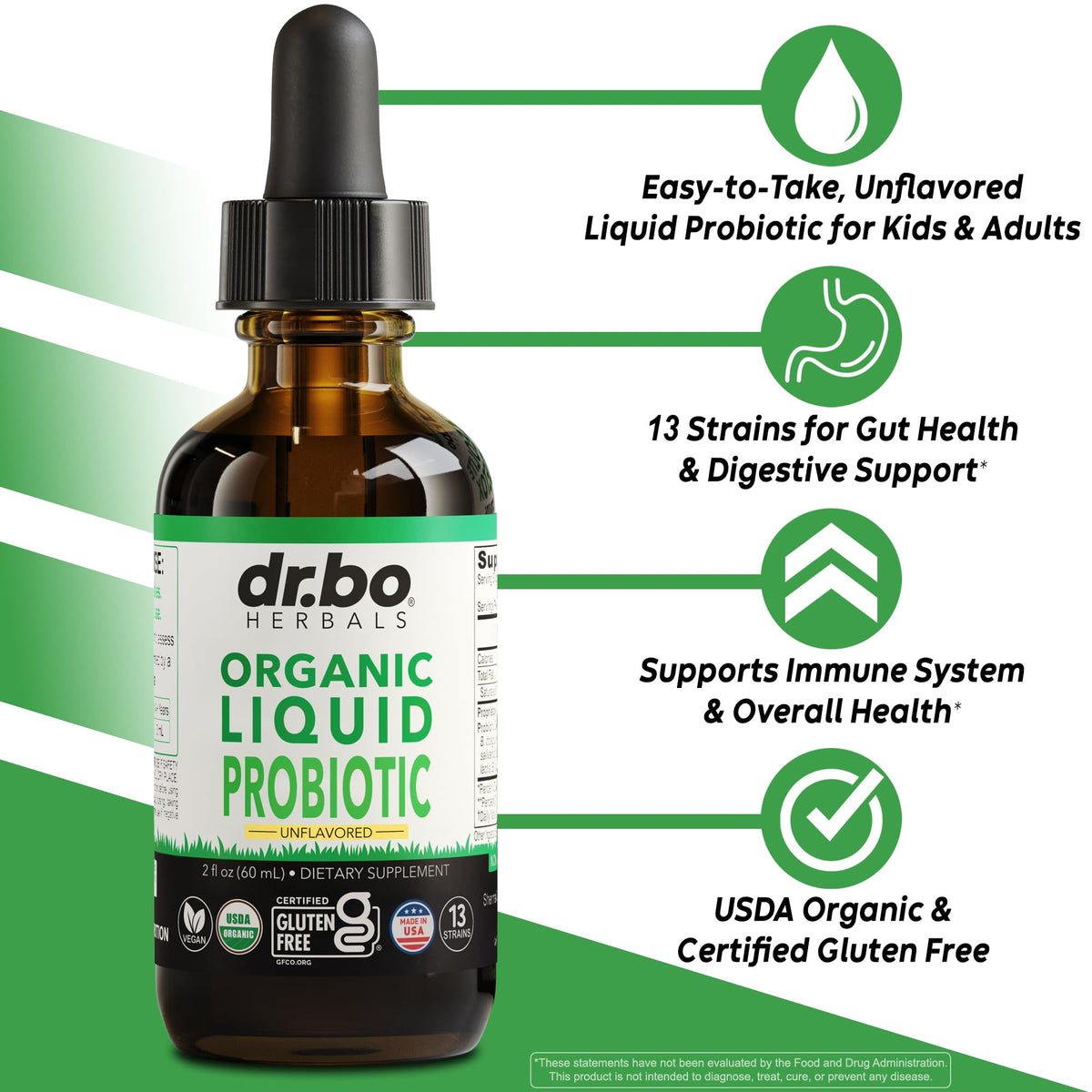 Flacon de gouttes probiotiques bio DR. BO avec étiquette