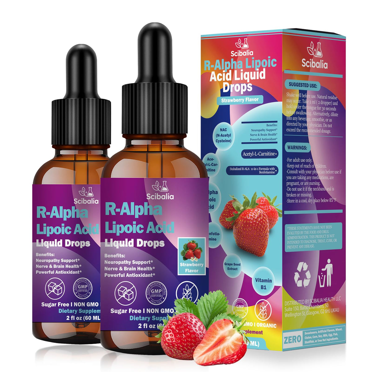 Flacon de gouttes R-Alpha Lipoïque 600mg de Scibalia avec étiquette