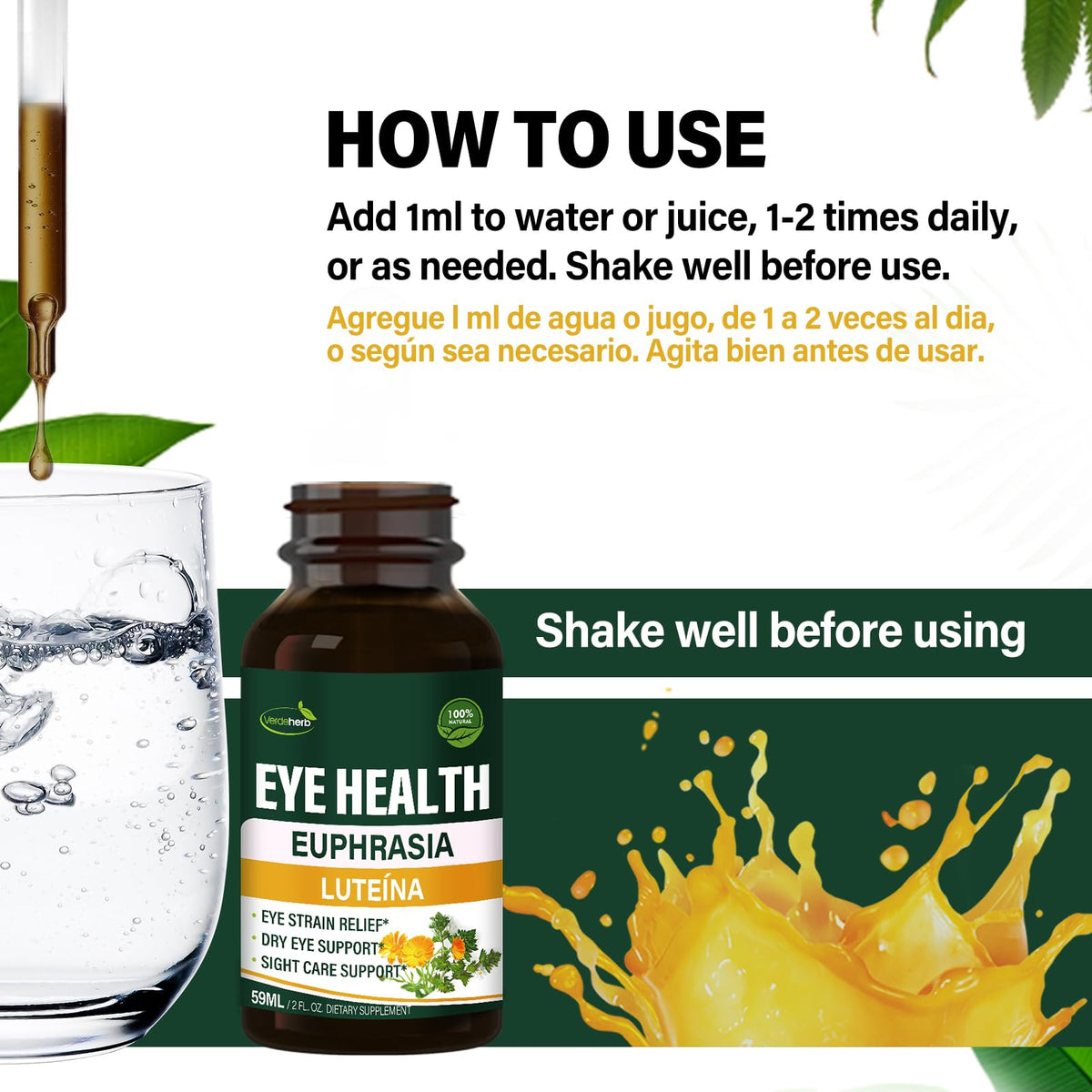 Flacon de gouttes Verdeherb sur une table avec des lunettes