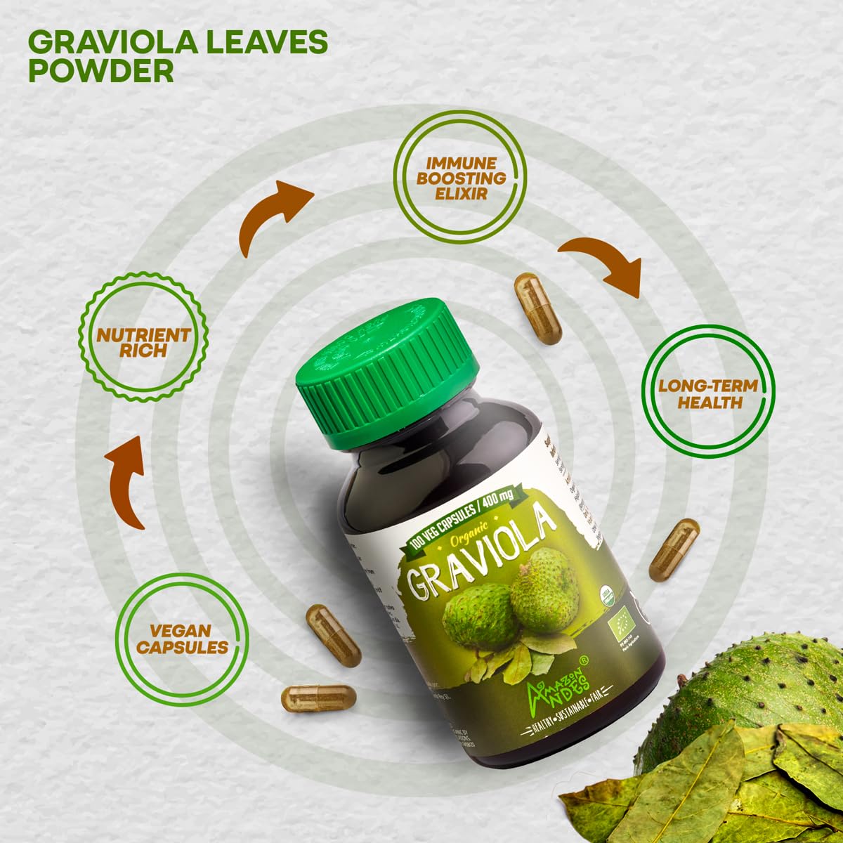 Flacon de Graviola avec étiquette bio et végétarienne