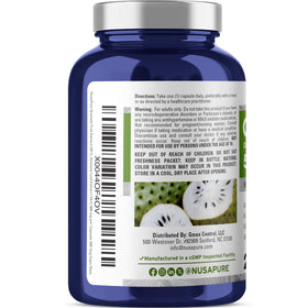 Flacon de Graviola NusaPure 500mg ouvert montrant les capsules