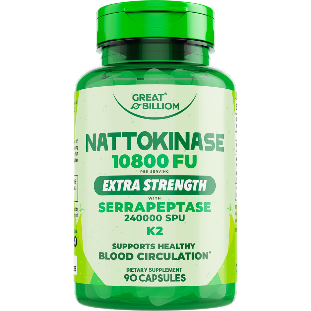 Flacon de GREAT BILLIOM Nattokinase 10800 FU avec étiquette visible