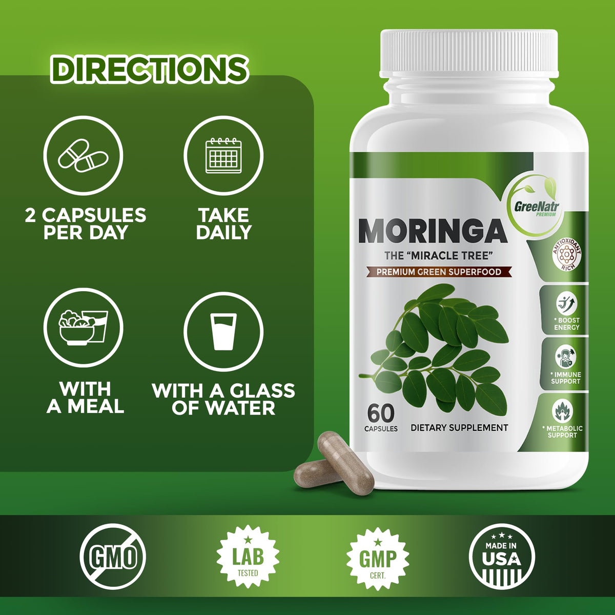 Flacon de GreeNatr Moringa avec étiquette visible