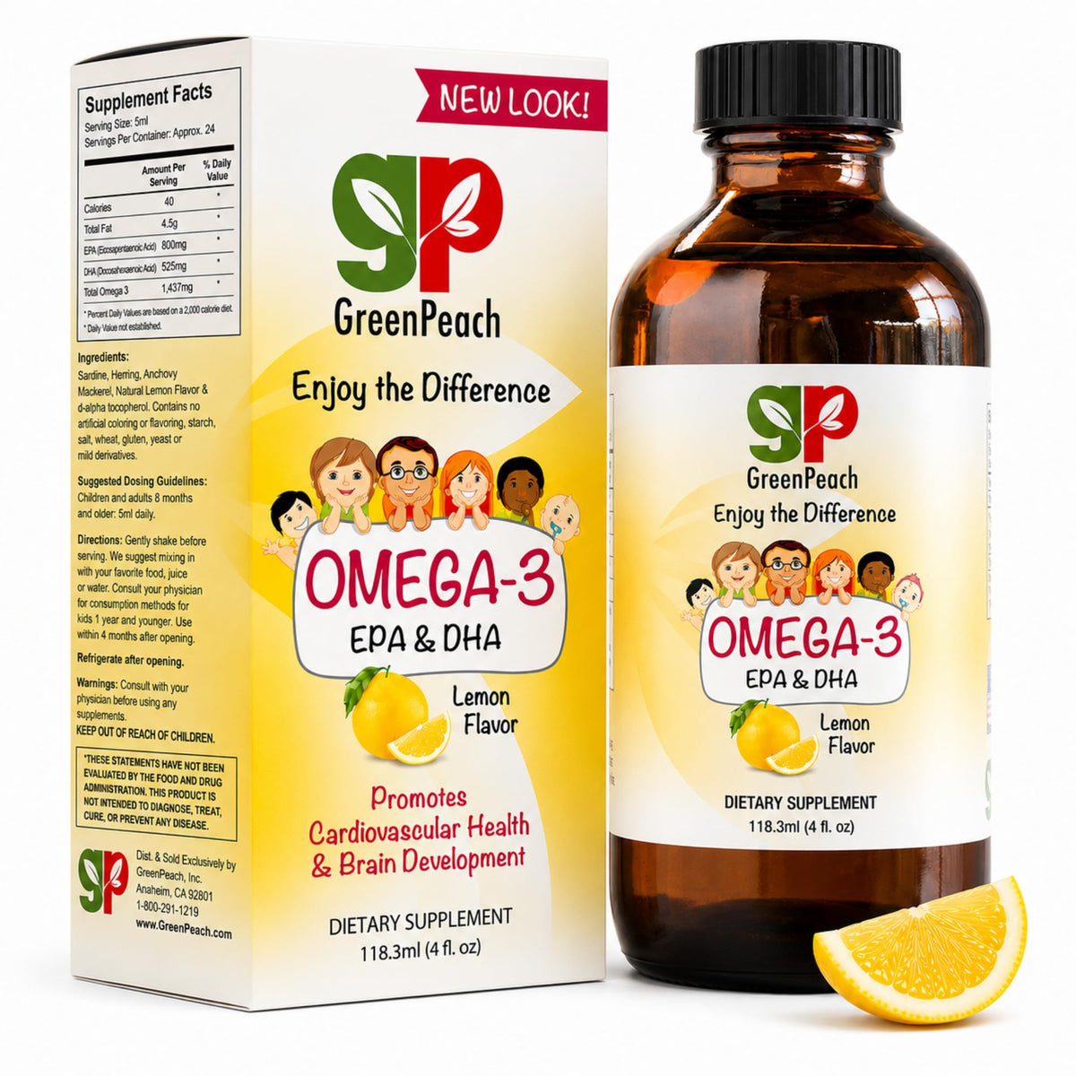 Flacon de GreenPeach Omega 3 pour Enfants 4 oz avec étiquette