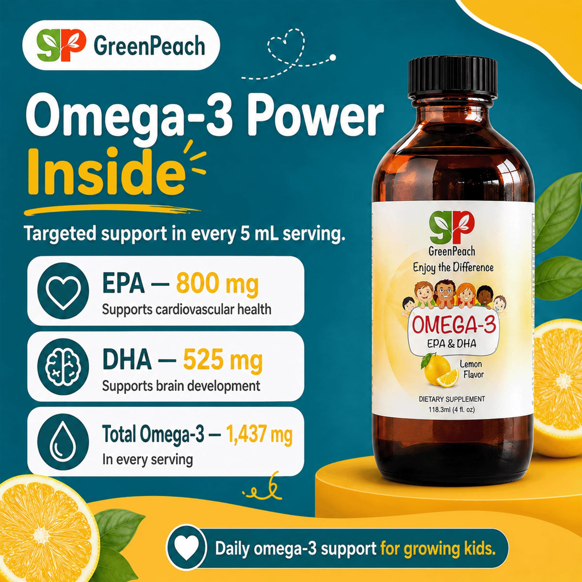 Flacon de GreenPeach Omega 3 pour Enfants sur une table