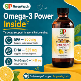 Flacon de GreenPeach Omega 3 pour Enfants sur une table