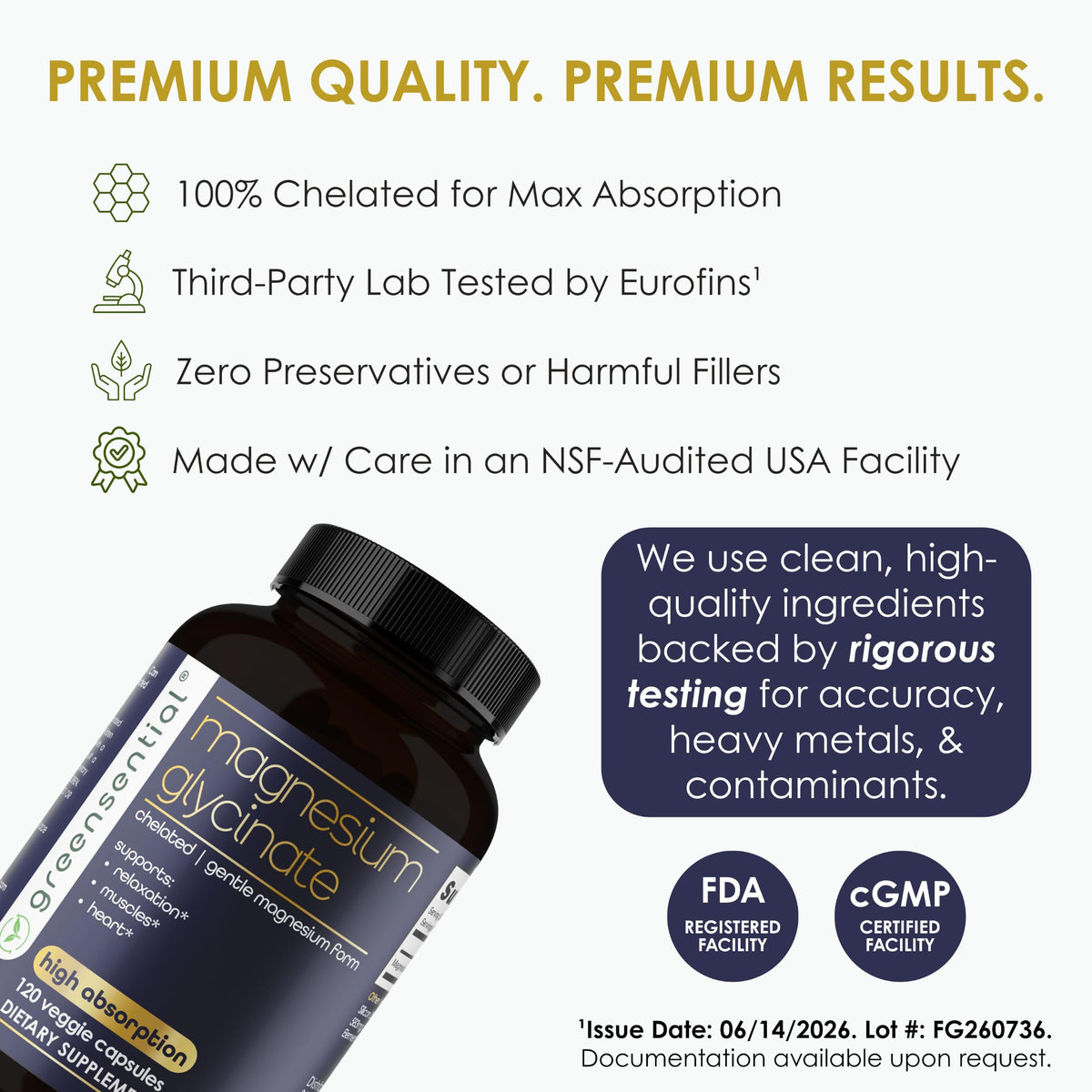 Flacon de Greensential Magnésium Glycinate ouvert avec capsules visibles