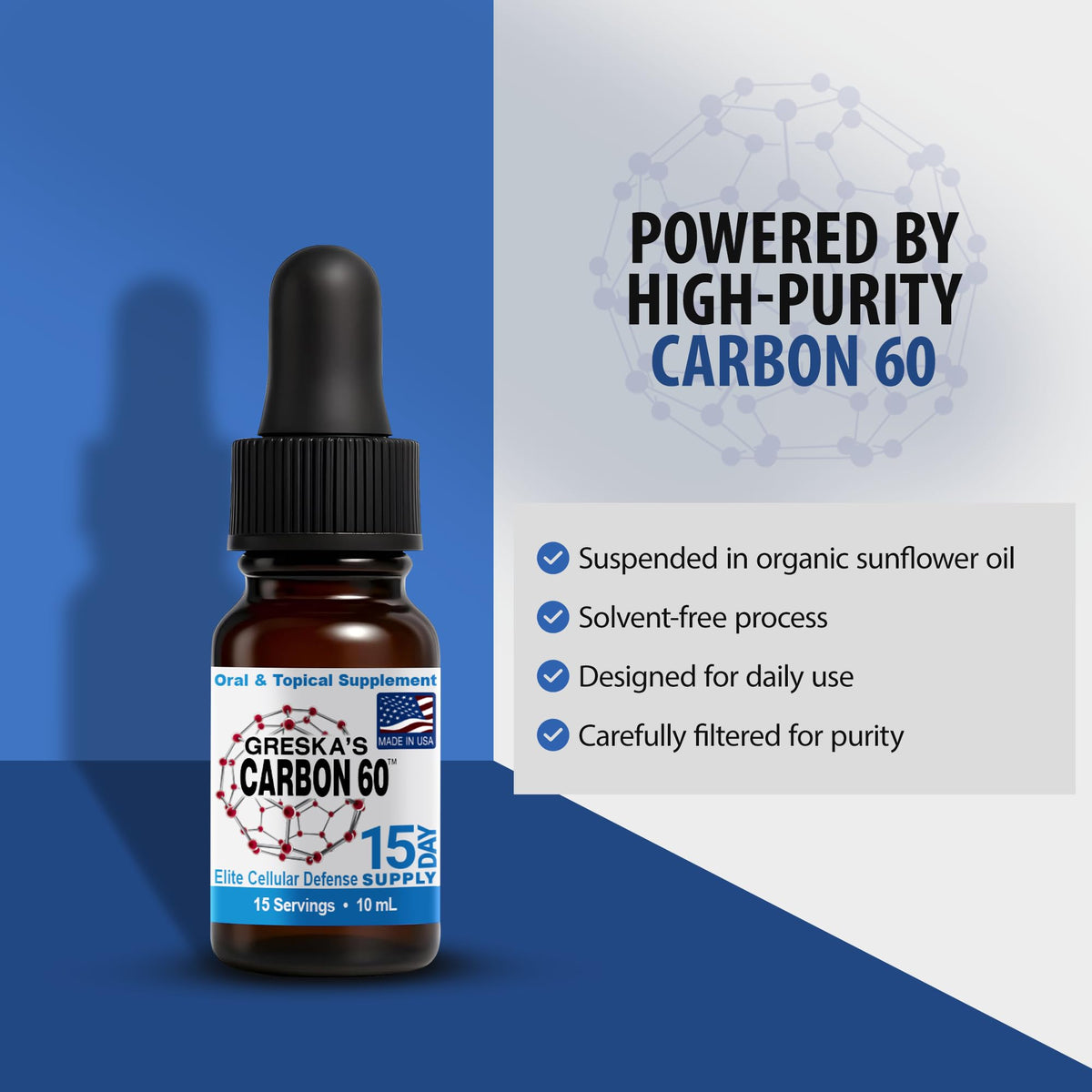 Flacon de Greska's Carbon 60 avec compte-gouttes visible