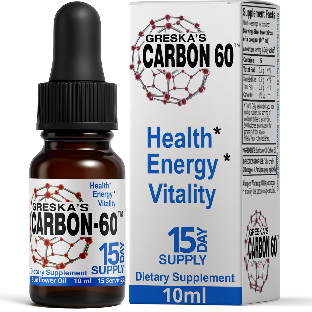 Flacon de Greska's Carbon 60 en huile de tournesol bio, 10ml