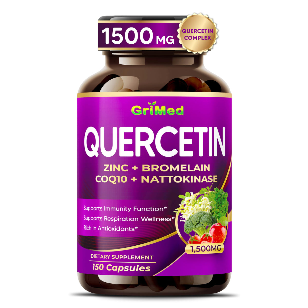 Flacon de GriMed Quercétine 1500 mg avec 150 capsules