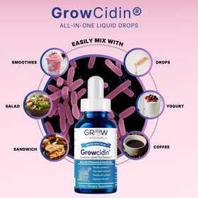 Flacon de Growcidin accompagné d'autres compléments alimentaires