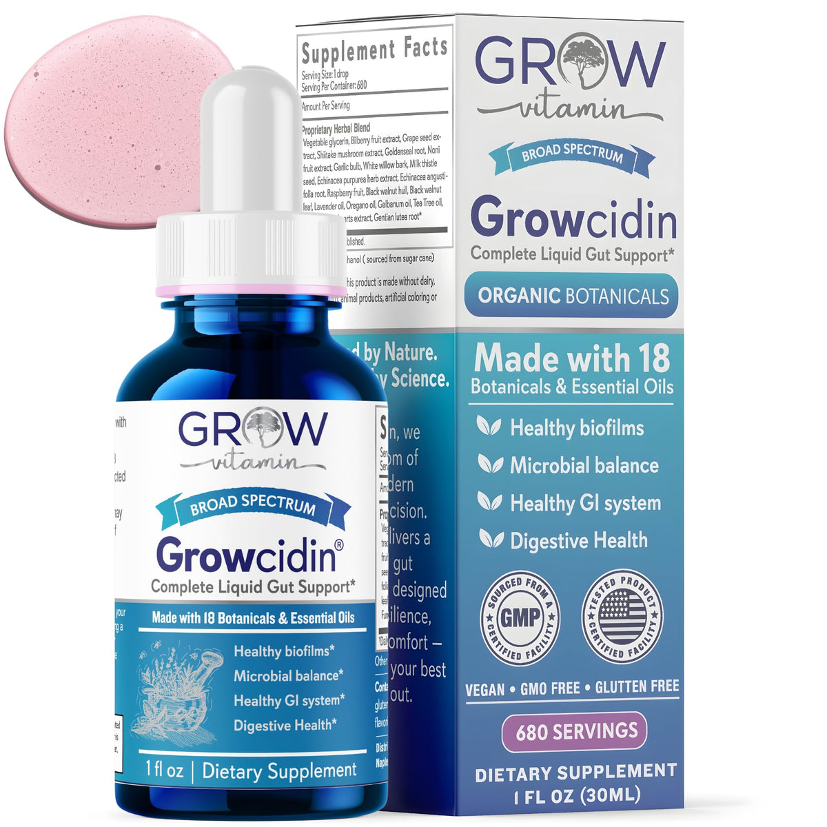 Flacon de Growcidin de grow vitamin, complément alimentaire liquide avec 680 doses