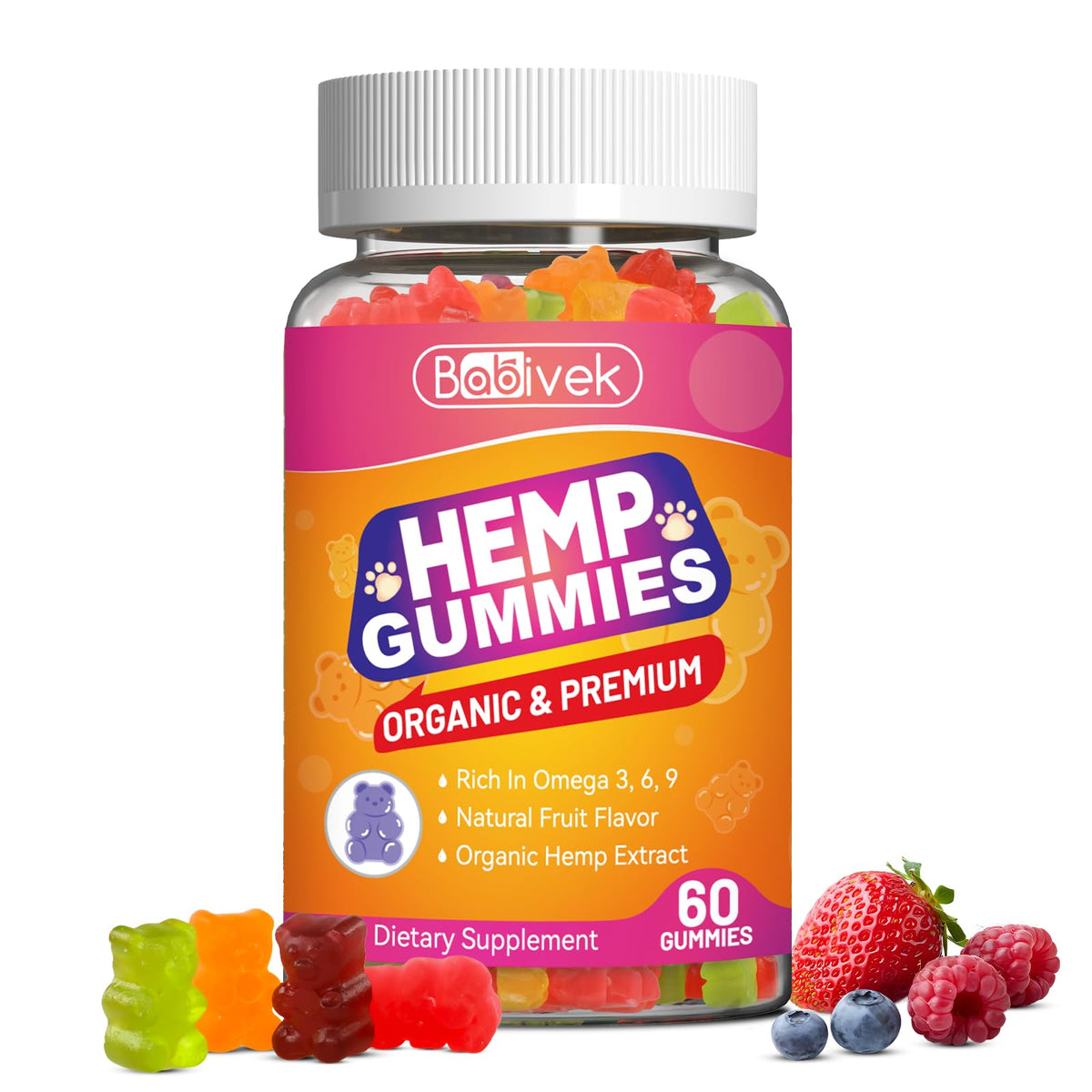 Flacon de gummies à l'huile de chanvre Babivek, 60 unités, vue de face