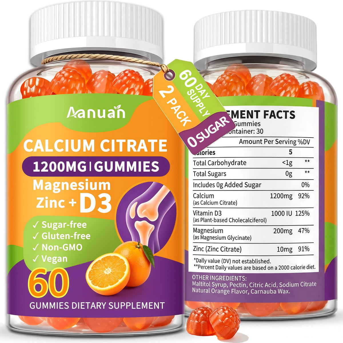 Flacon de gummies Aanuan Calcium Citrate 600mg avec étiquette