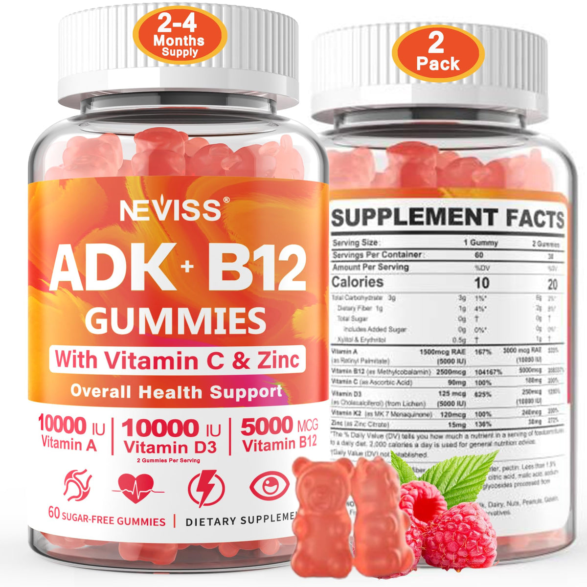 Flacon de gummies ADK + B12 sans sucre NEVISS vue de face