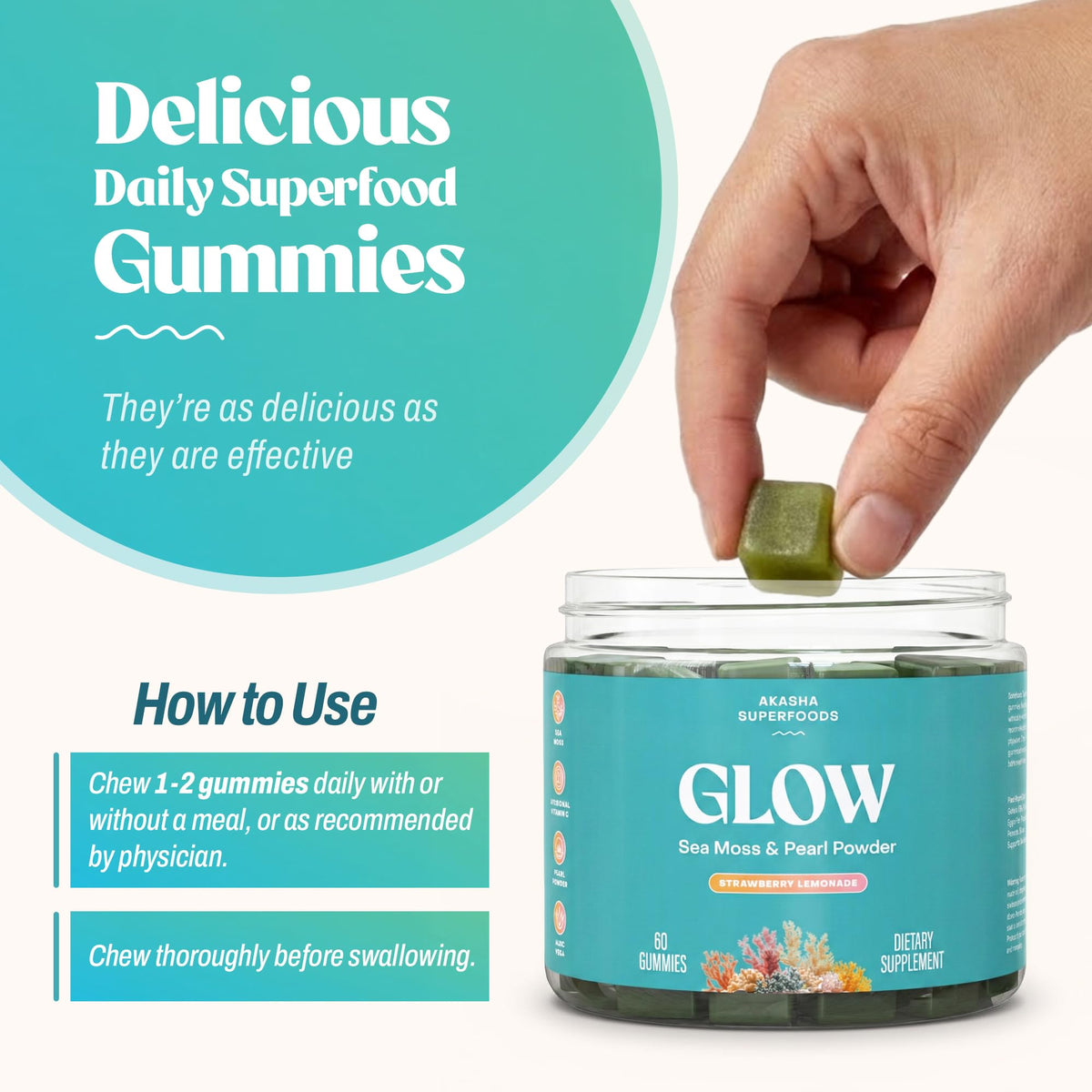 Flacon de Gummies Algues Maritimes Akasha Superfoods ouvert avec gummies visibles