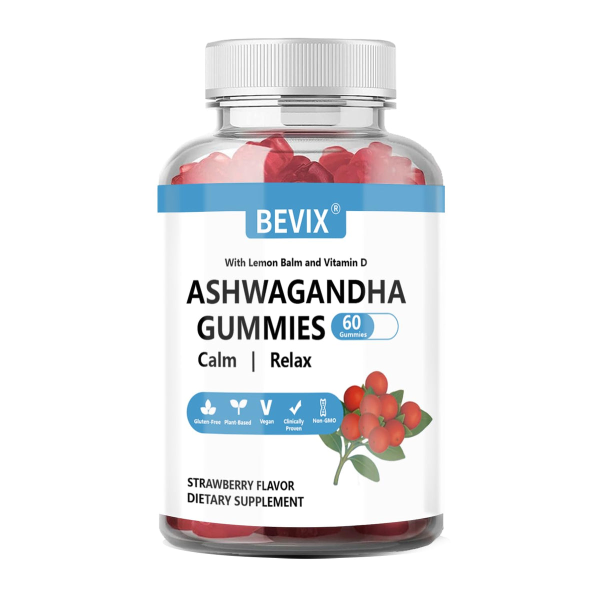 Flacon de gummies Ashwagandha BEVIX de 60 unités, vue de face