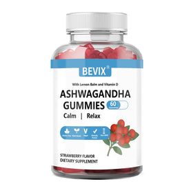 Flacon de gummies Ashwagandha BEVIX de 60 unités, vue de face