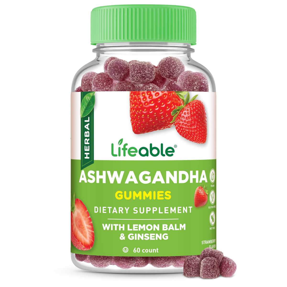 Flacon de Gummies Ashwagandha Lifeable avec Mélisse et Ginseng, 60 gummies