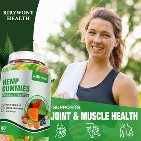 Flacon de gummies au chanvre RiRywony Health ouvert avec quelques gummies à l'extérieur