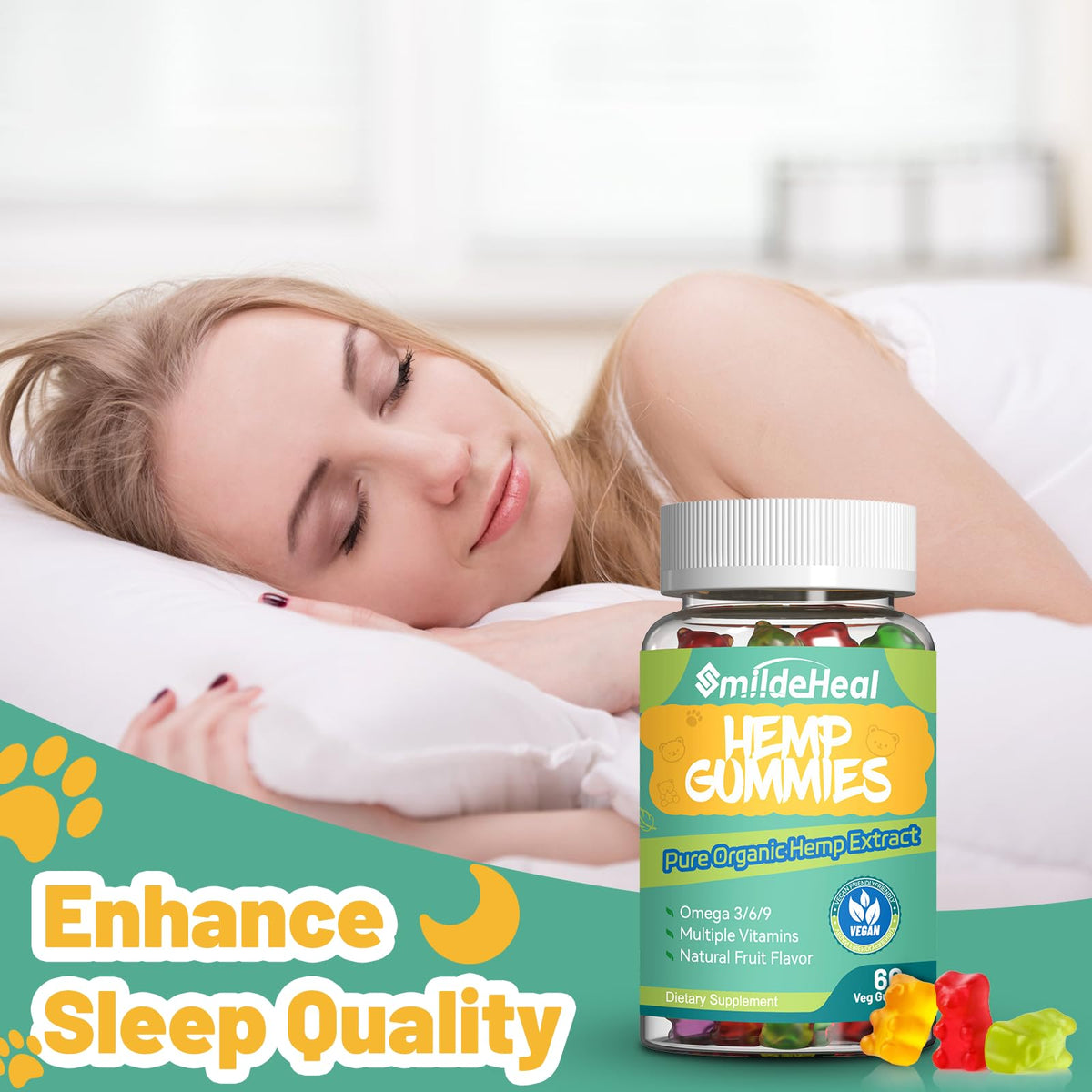 Flacon de gummies au chanvre SmildeHeal ouvert avec gummies visibles