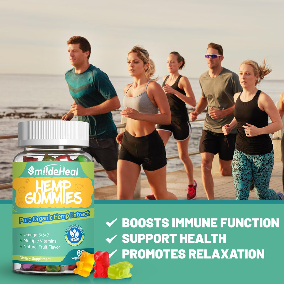 Flacon de gummies au chanvre SmildeHeal sur un fond neutre