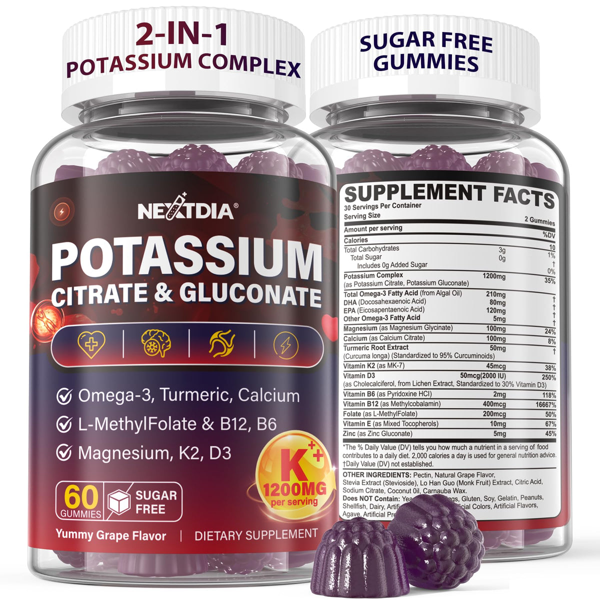 Flacon de gummies au potassium Nextdia 1200mg vue de face