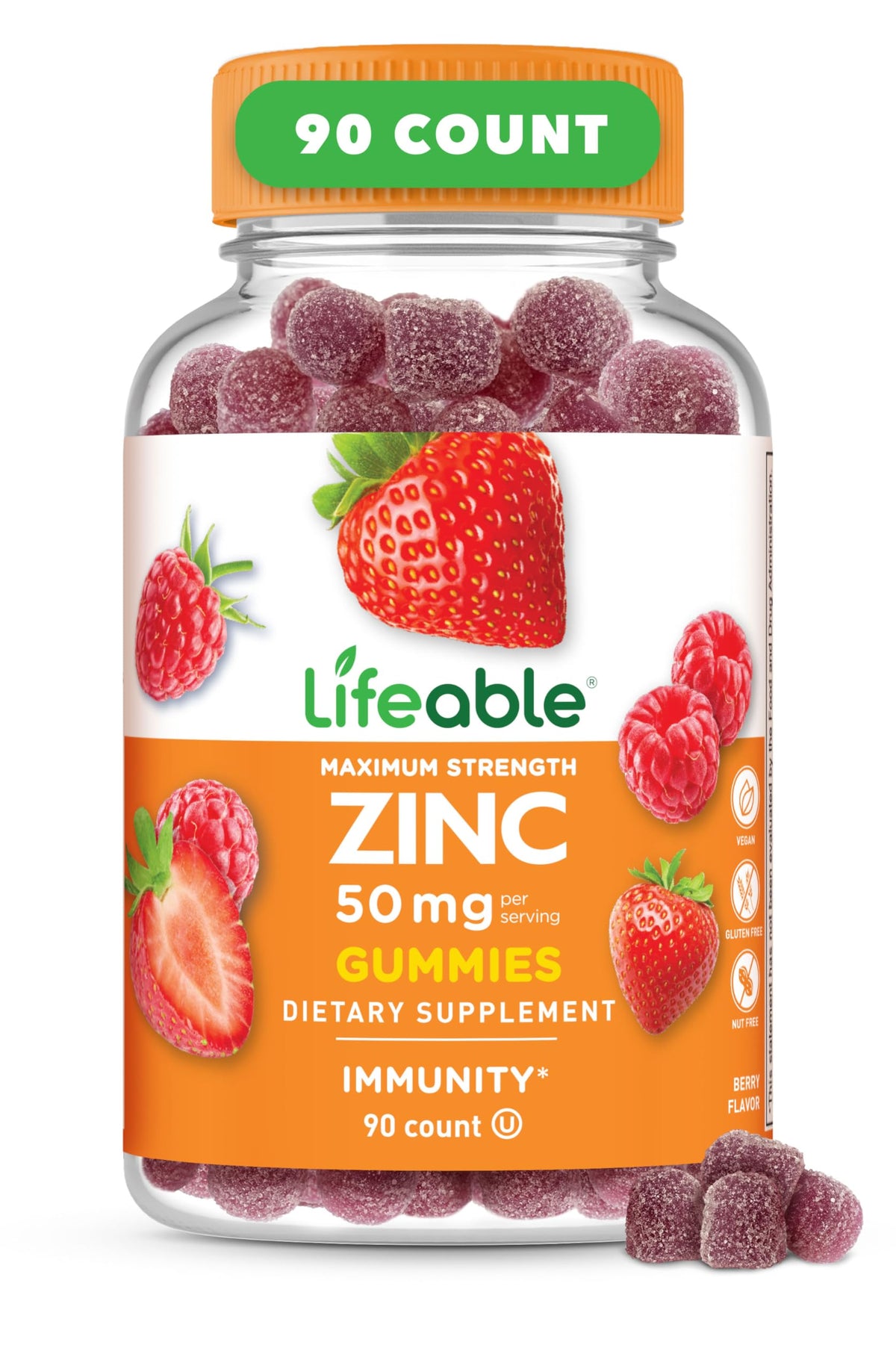 Flacon de gummies au zinc Lifeable 50 mg 90 Ct vue de face