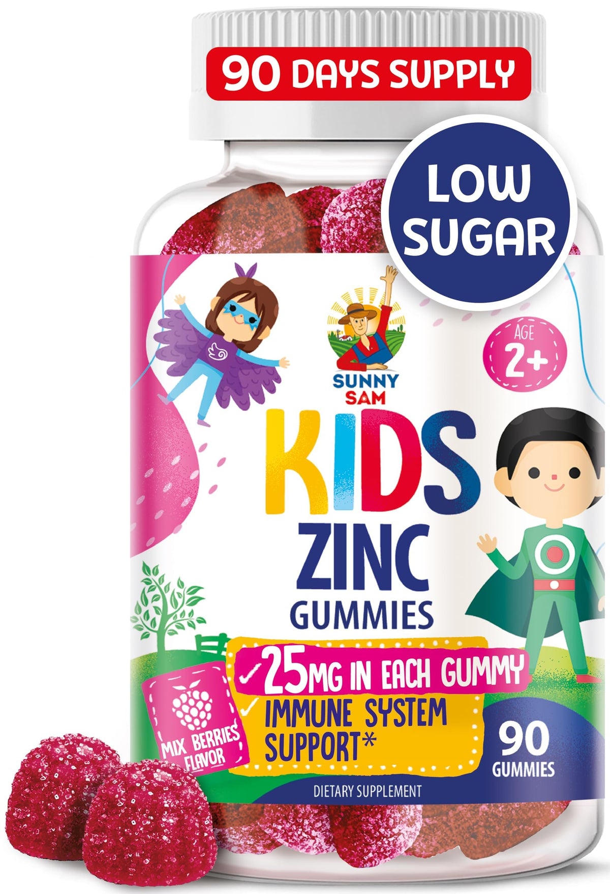 Flacon de gummies au zinc SUNNY SAM pour enfants, 90 gummies