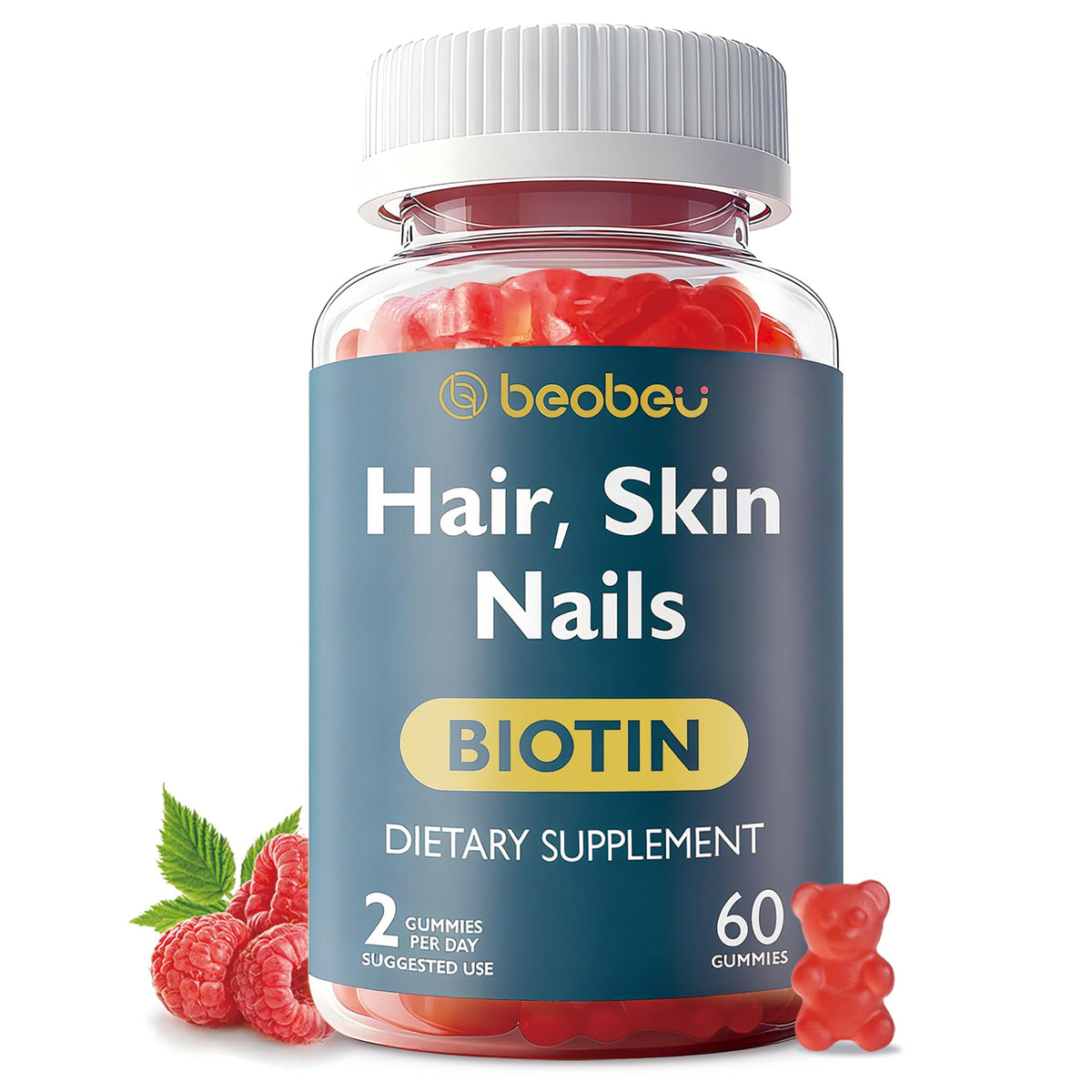 Flacon de gummies biotin beobeu 60 unités avec étiquette framboise
