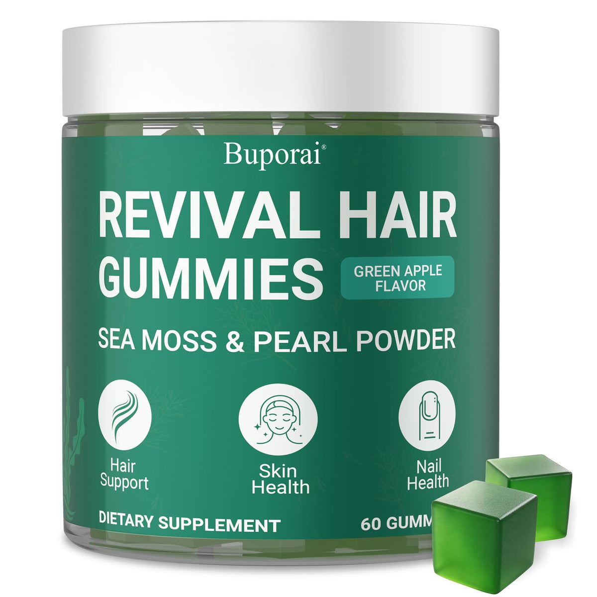 Flacon de gummies Buporai de croissance capillaire avec étiquette visible