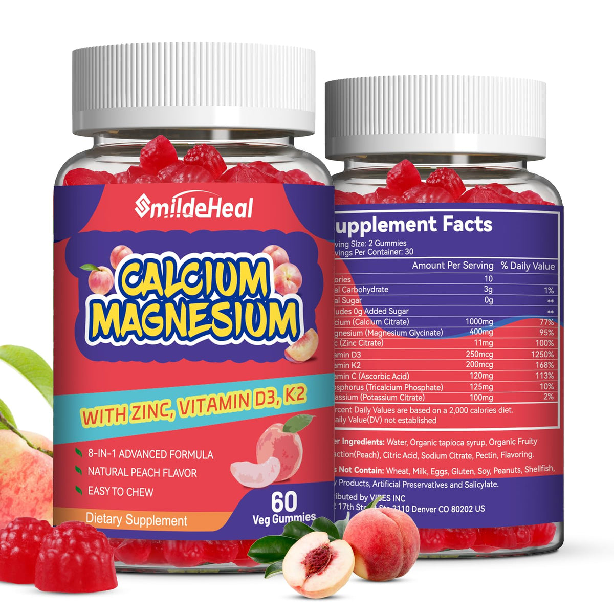 Flacon de gummies Calcium Magnésium Zinc SmildeHeal avec étiquette